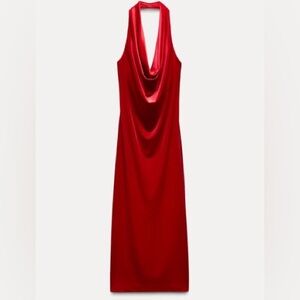 NWT! Zara Velvet Red Halter Neck Midi Dress